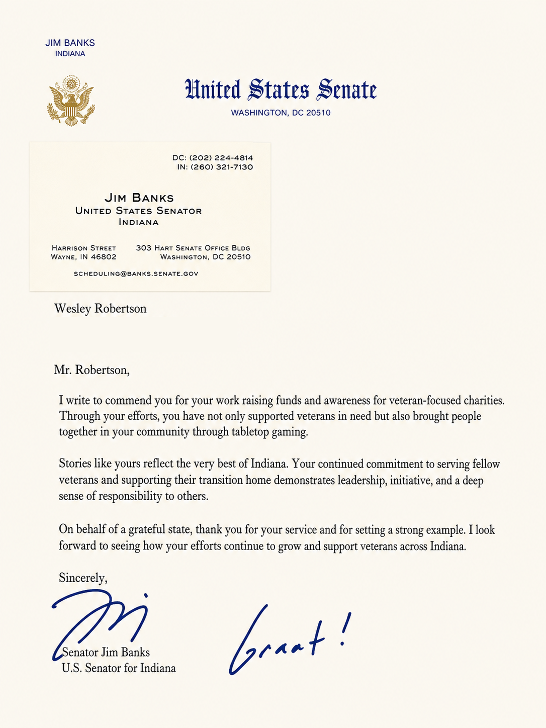 Letter on United States Senate letterhead from Senator Jim Banks of Indiana, commending Wesley Robertson for raising funds and awareness for veteran-focused charities through tabletop gaming.